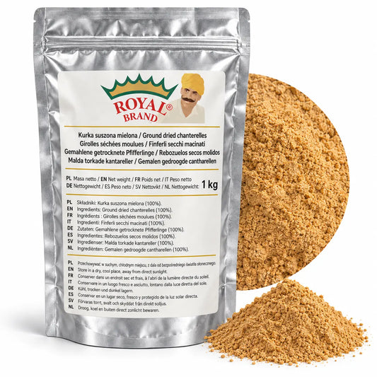 Projekt opakowania: Kurka suszona mielona 1 kg Royal Brand. Logo marki do weryfikacji.