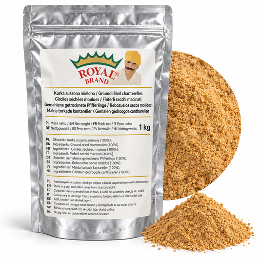 Projekt opakowania: Kurka suszona mielona 1 kg Royal Brand. Logo marki do weryfikacji.