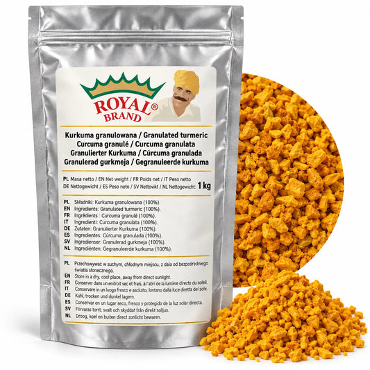 Projekt opakowania: Kurkuma granulowana 1 kg Royal Brand. Logo marki do weryfikacji.