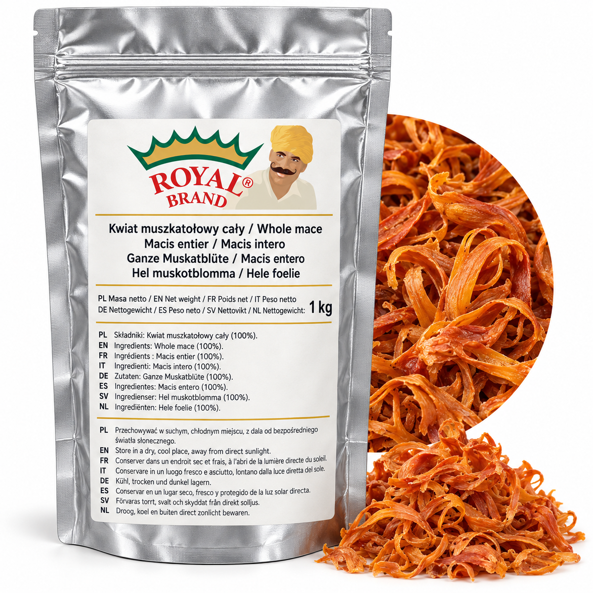 Projekt opakowania: Kwiat muszkatołowy cały 1 kg Royal Brand; logo do weryfikacji.