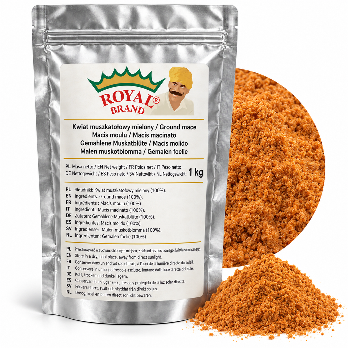 Projekt opakowania: Kwiat muszkatołowy mielony 1 kg Royal Brand; logo do weryfikacji.