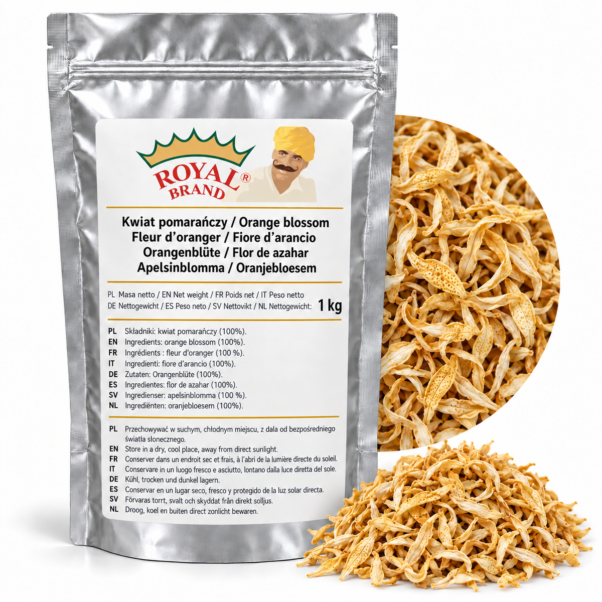 Kwiat pomarańczy 1 kg Royal Brand – srebrne opakowanie, kółko i kupka produktu: suszone płatki kwiatu pomarańczy. Projekt zdjęcia.
