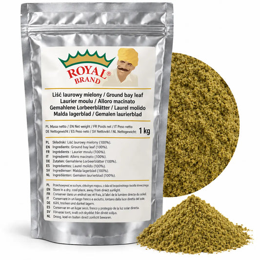 Projekt opakowania: Liść laurowy mielony 1 kg Royal Brand. Logo marki do weryfikacji.