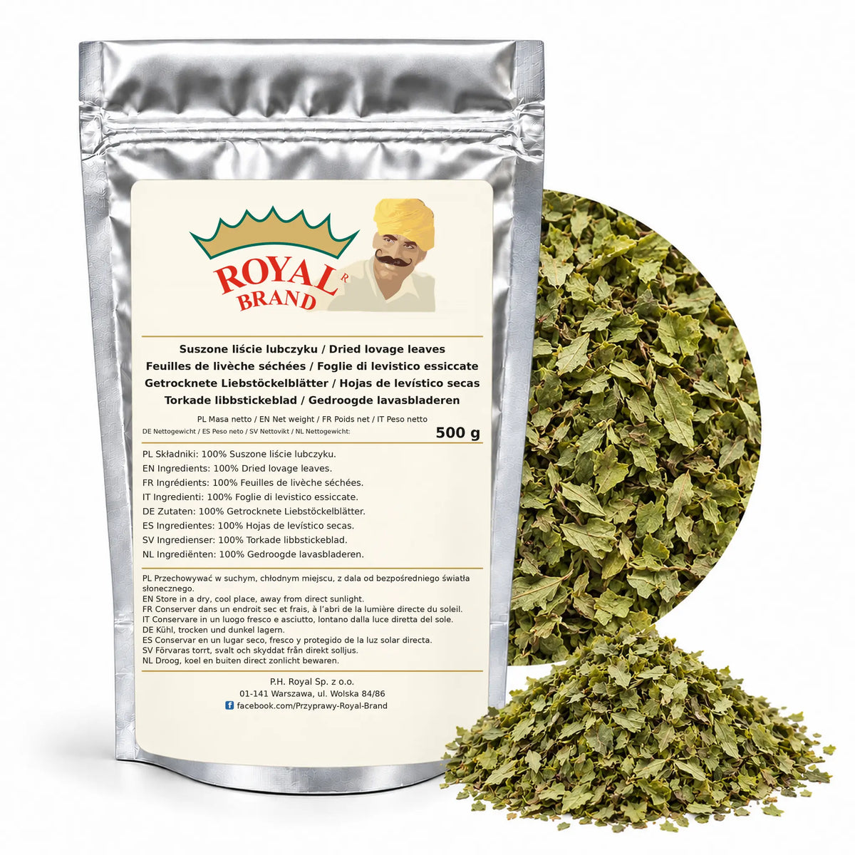 Liść lubczyku 500 g Royal Brand — srebrne opakowanie, etykieta w 8 językach