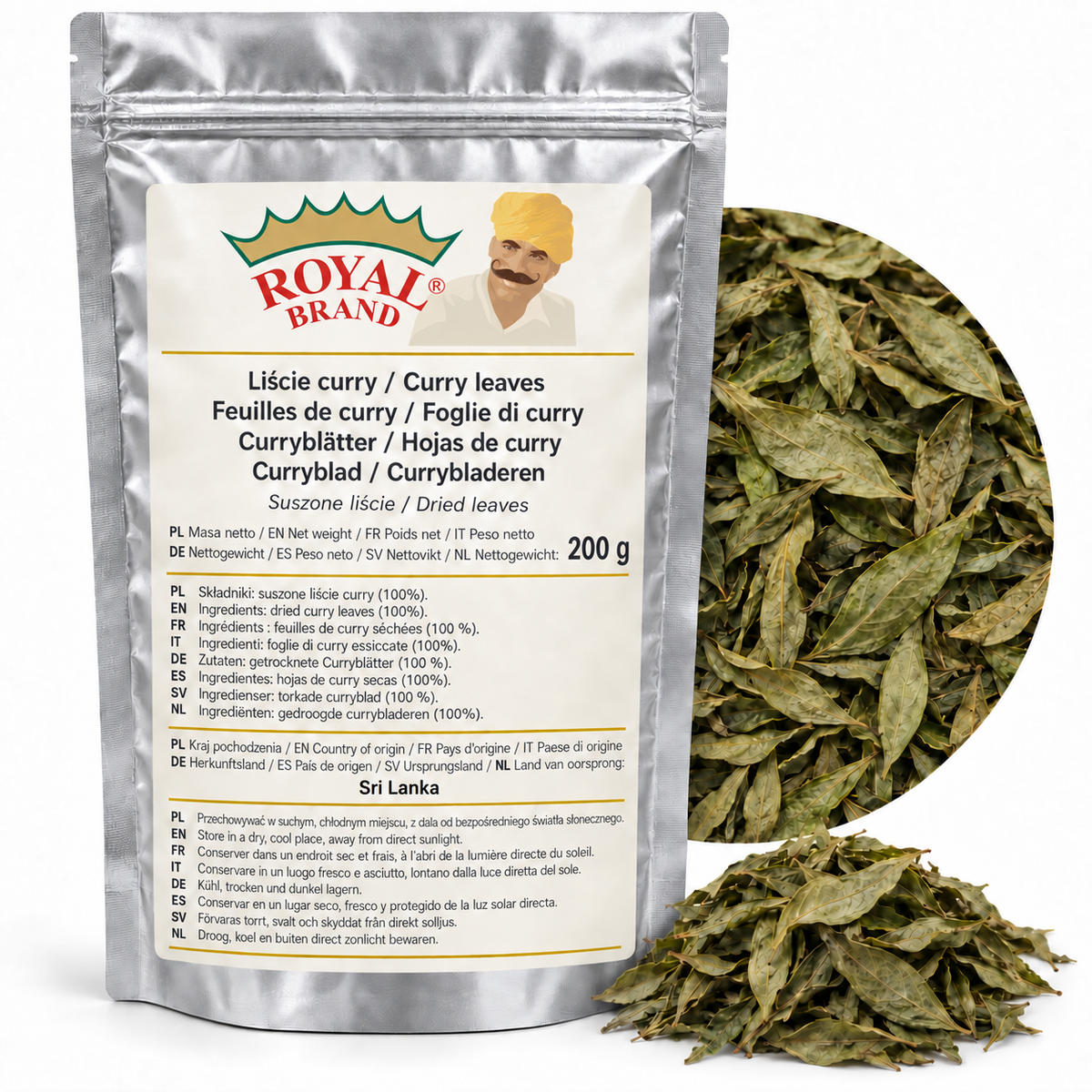 Projekt opakowania Liście curry 200 g Royal Brand. Kraj pochodzenia: Sri Lanka. Logo wymaga kontroli zgodności z oryginałem.
