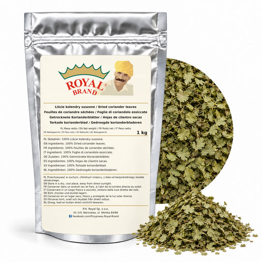 Liście kolendry suszone, selekcjonowane 1 kg | Royal Brand — srebrne opakowanie, etykieta w 8 językach