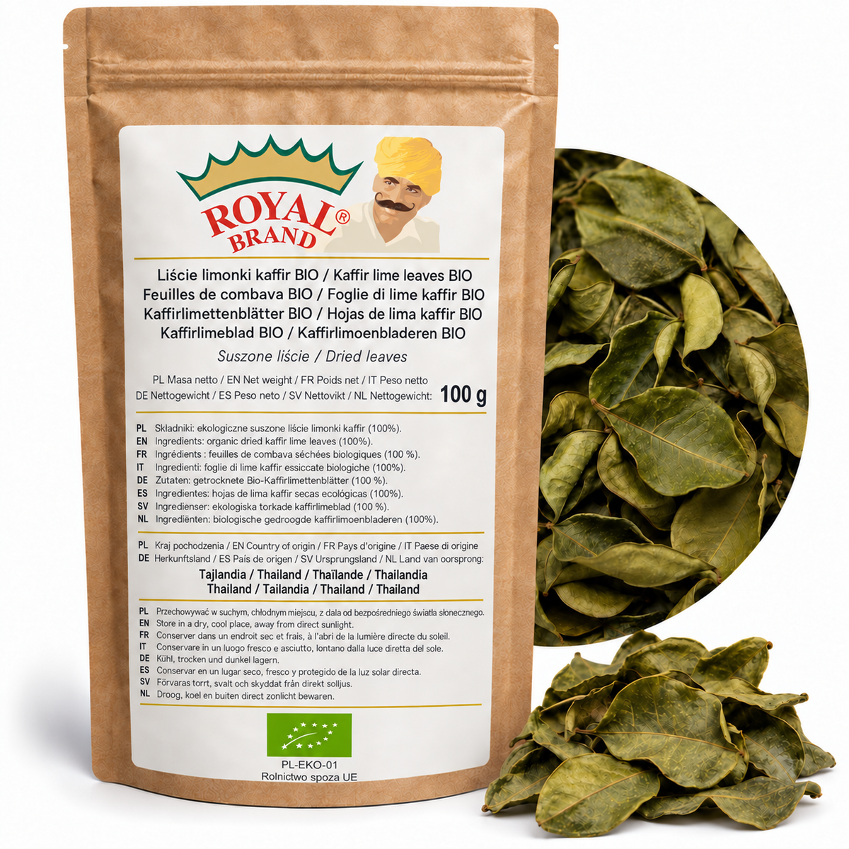 Projekt opakowania Liście limonki kaffir BIO 100 g Royal Brand. Kraj pochodzenia: Tajlandia. Logo wymaga kontroli zgodności z oryginałem.