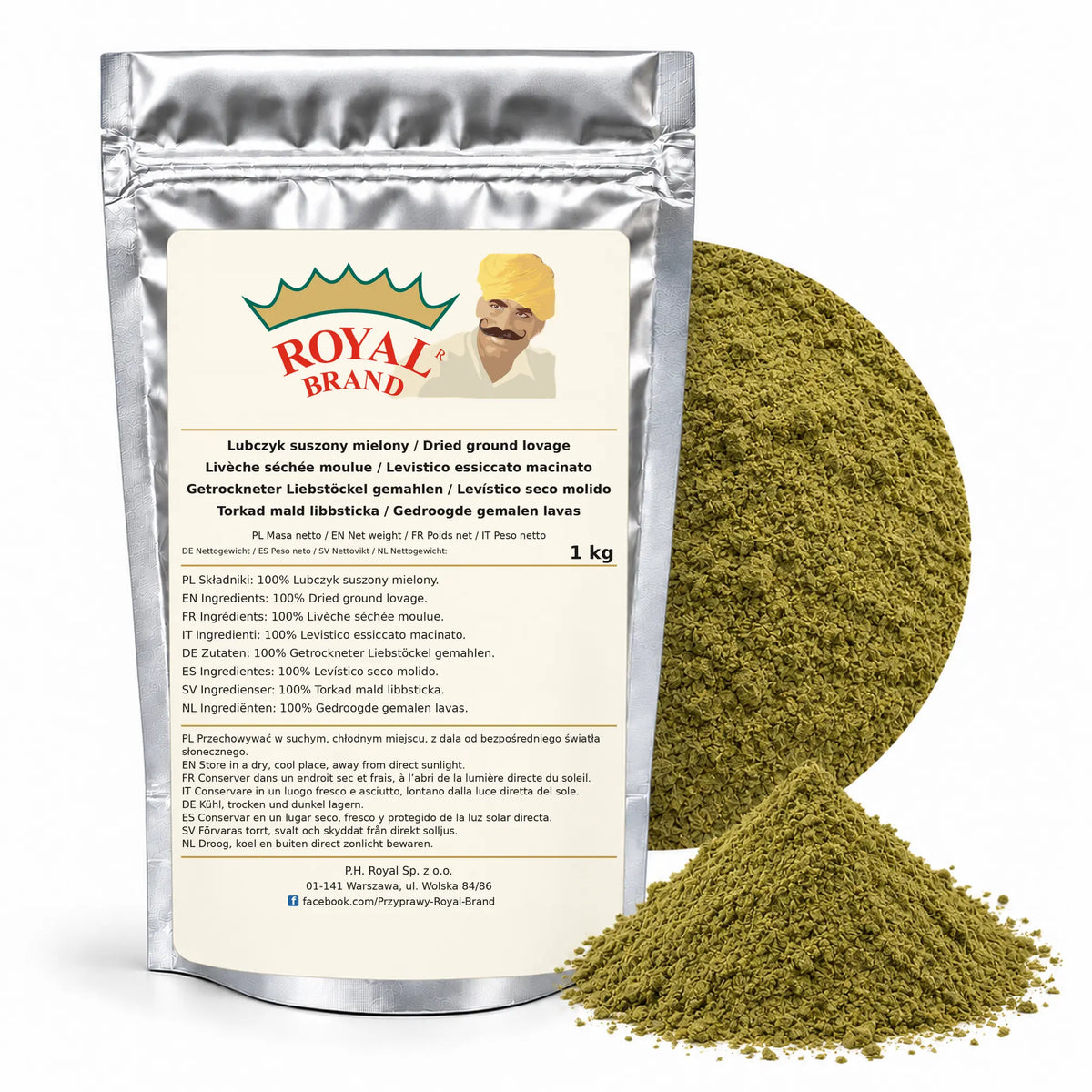 Lubczyk mielony 1 kg Royal Brand — srebrne opakowanie, etykieta w 8 językach
