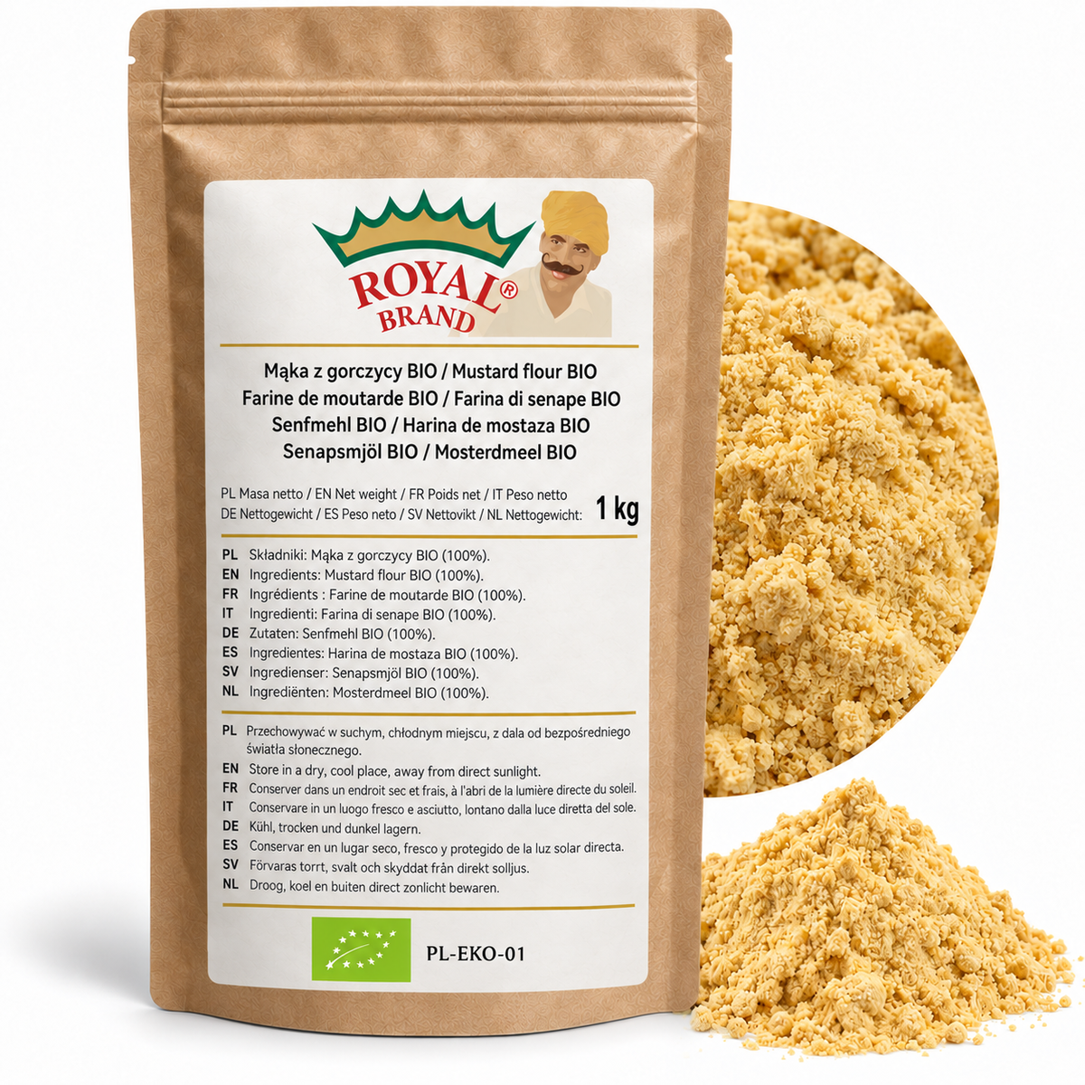 Projekt opakowania: Mąka z gorczycy BIO 1 kg Royal Brand; zielony znak BIO i PL-EKO-01; logo Royal Brand do weryfikacji.
