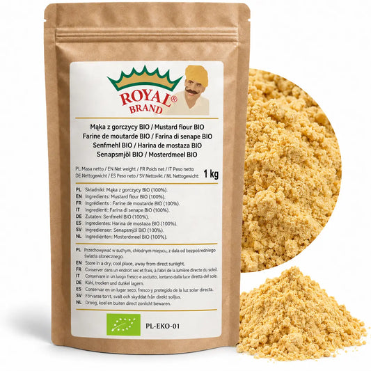 Projekt opakowania: Mąka z gorczycy BIO 1 kg Royal Brand; zielony znak BIO i PL-EKO-01; logo Royal Brand do weryfikacji.