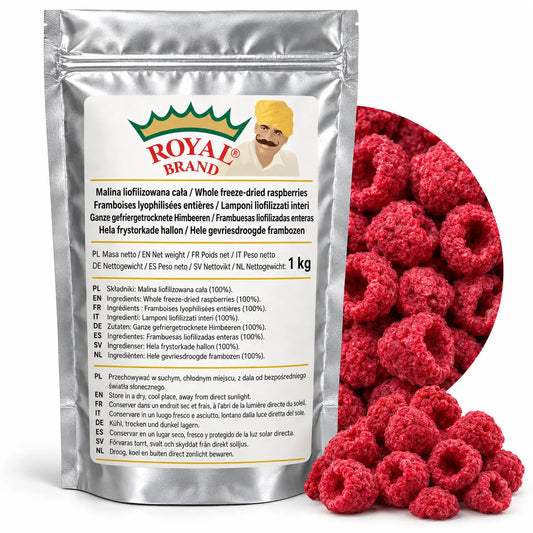 Projekt opakowania: Malina liofilizowana cała 1 kg Royal Brand. Logo marki do weryfikacji.