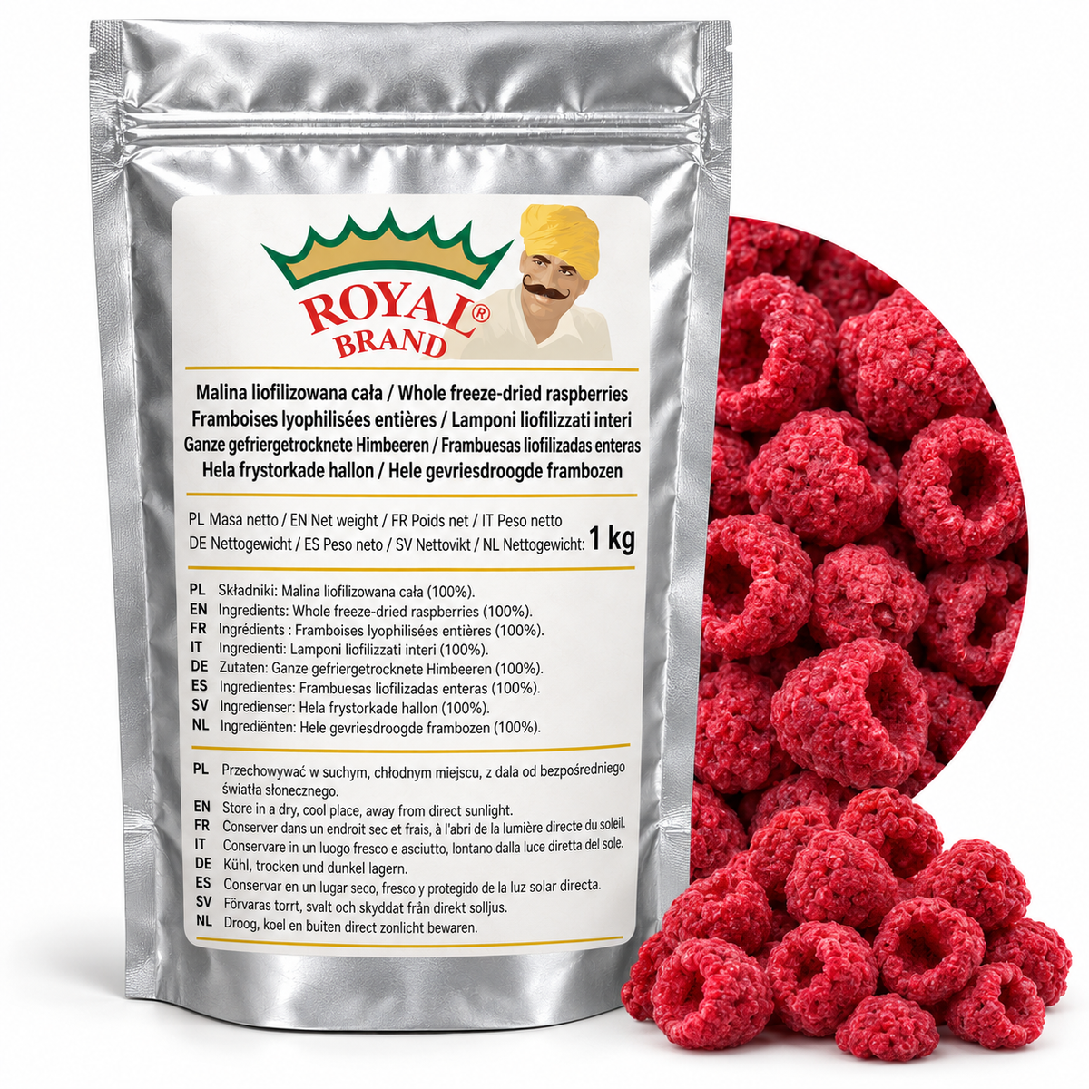 Projekt opakowania: Malina liofilizowana cała 1 kg Royal Brand. Logo marki do weryfikacji.