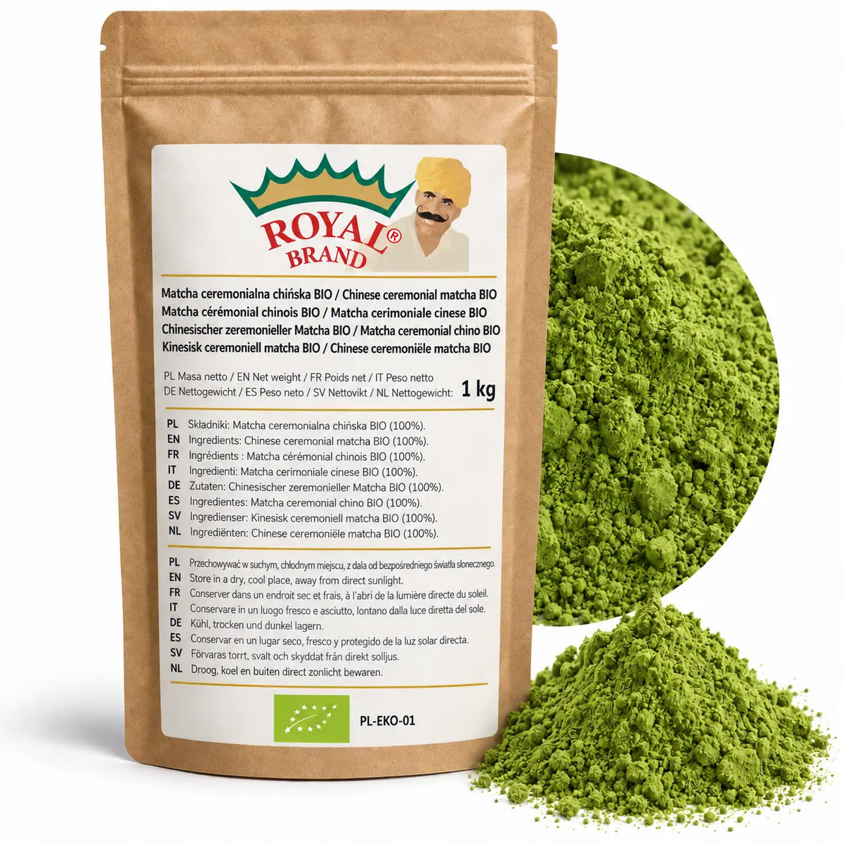 Projekt opakowania: Matcha ceremonialna chińska BIO 1 kg Royal Brand; zielony znak BIO i PL-EKO-01; logo Royal Brand do weryfikacji.