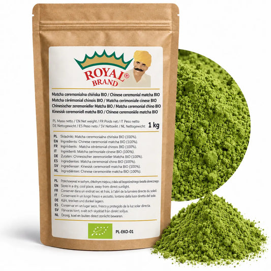 Projekt opakowania: Matcha ceremonialna chińska BIO 1 kg Royal Brand; zielony znak BIO i PL-EKO-01; logo Royal Brand do weryfikacji.
