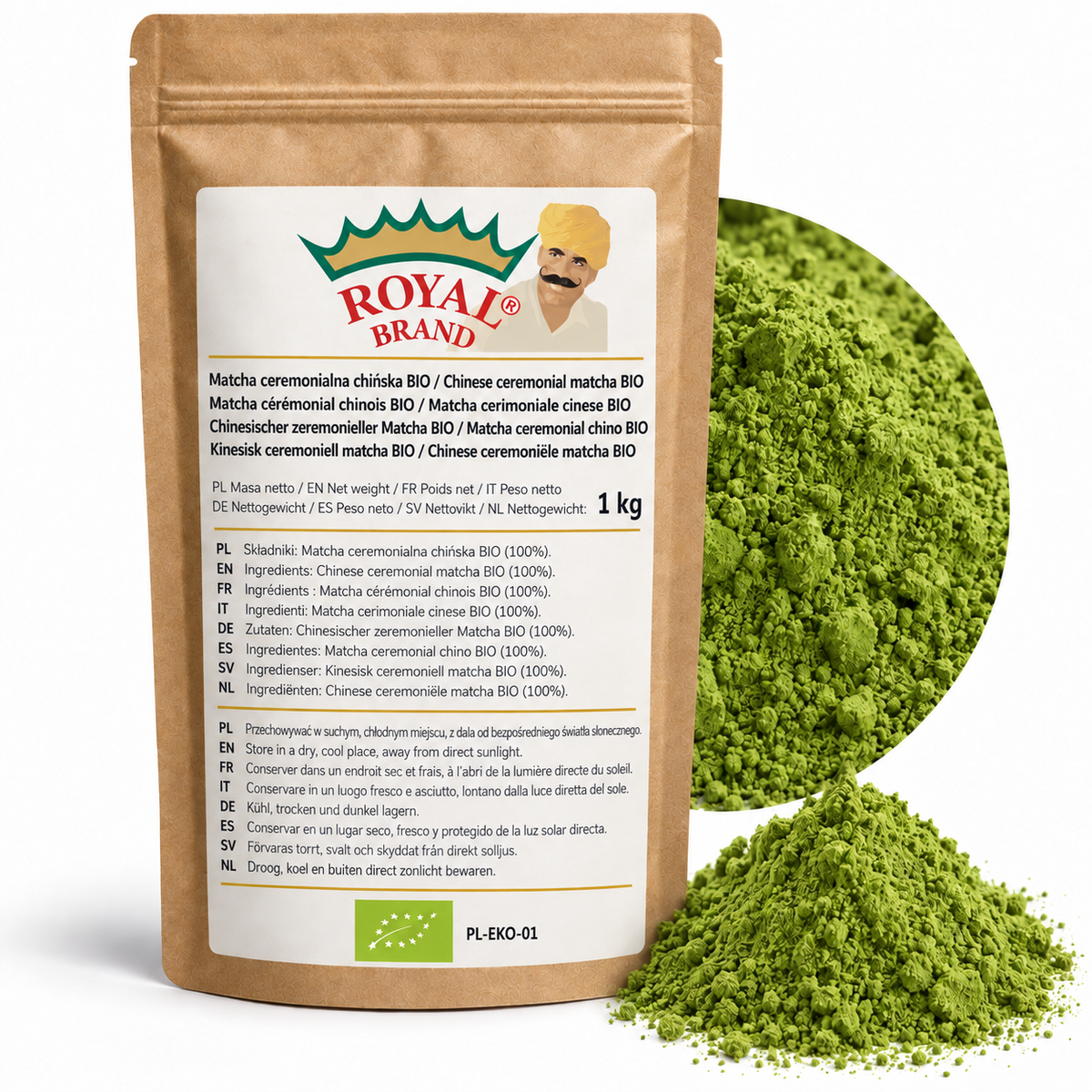 Projekt opakowania: Matcha ceremonialna chińska BIO 1 kg Royal Brand; zielony znak BIO i PL-EKO-01; logo Royal Brand do weryfikacji.