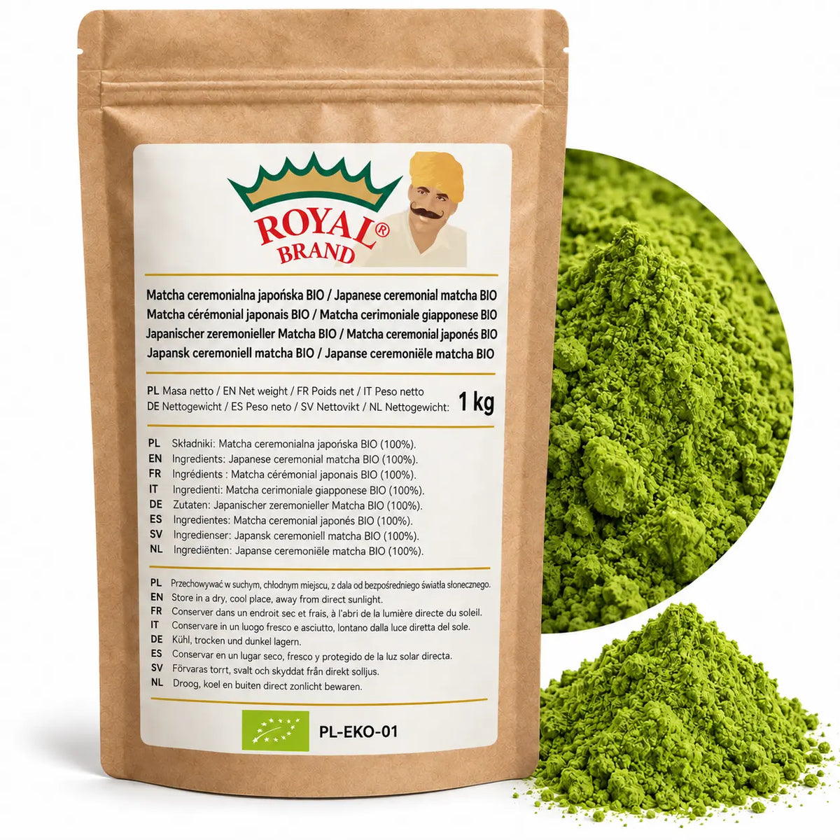 Projekt opakowania: Matcha ceremonialna japońska BIO 1 kg Royal Brand; zielony znak BIO i PL-EKO-01; logo Royal Brand do weryfikacji.