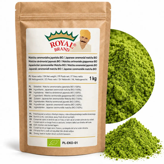 Projekt opakowania: Matcha ceremonialna japońska BIO 1 kg Royal Brand; zielony znak BIO i PL-EKO-01; logo Royal Brand do weryfikacji.