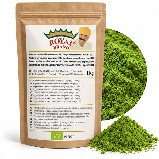 Projekt opakowania: Matcha ceremonialna superior BIO 1 kg Royal Brand; zielony znak BIO i PL-EKO-01; logo Royal Brand do weryfikacji.