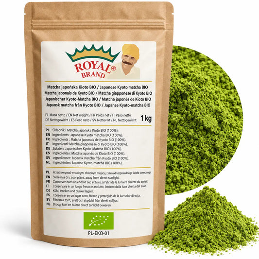 Projekt opakowania: Matcha japońska Kioto BIO 1 kg Royal Brand. Zielony listek BIO, PL-EKO-01. Logo marki do weryfikacji.