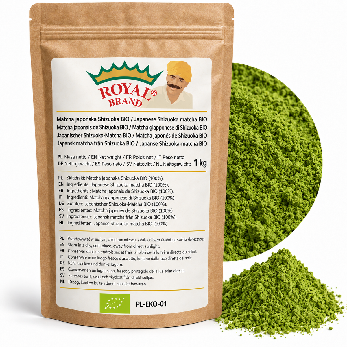 Projekt opakowania: Matcha japońska Shizuoka BIO 1 kg Royal Brand; zielony znak BIO i PL-EKO-01; logo Royal Brand do weryfikacji.