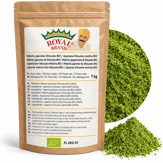 Projekt opakowania: Matcha japońska Shizuoka BIO 1 kg Royal Brand; zielony znak BIO i PL-EKO-01; logo Royal Brand do weryfikacji.