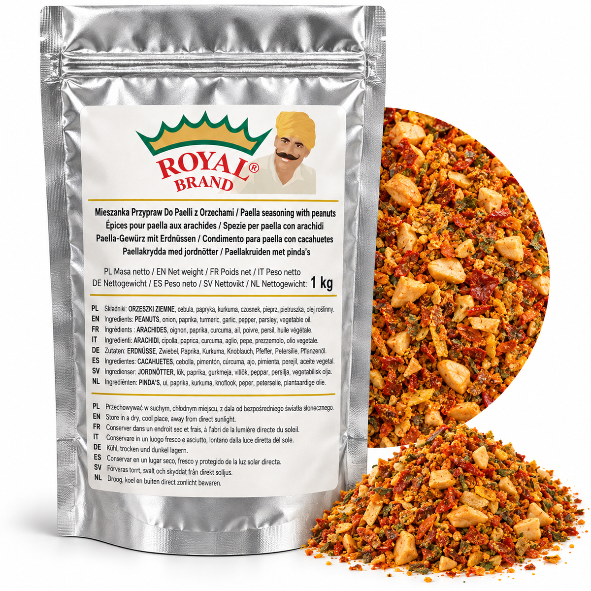 Projekt opakowania: Mieszanka Przypraw Do Paelli z Orzechami 1 kg Royal Brand. Logo marki do weryfikacji.