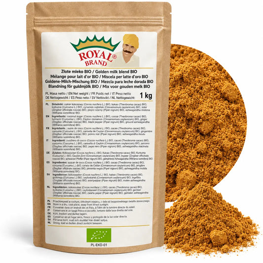 Projekt opakowania: Złote mleko BIO 1 kg Royal Brand. Zielony listek BIO, PL-EKO-01. Logo marki do weryfikacji.