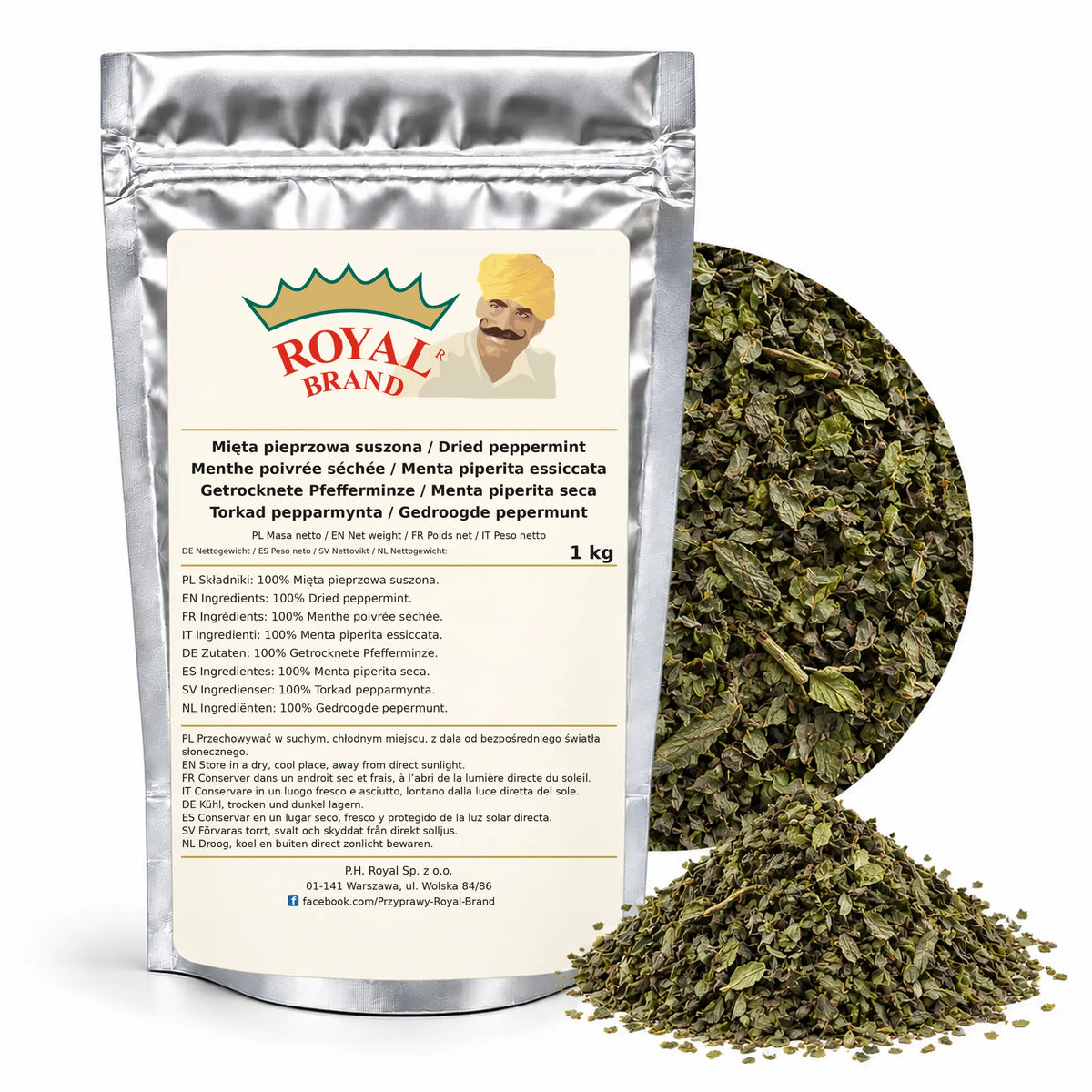 Mięta pieprzowa 1 kg Royal Brand — srebrne opakowanie, etykieta w 8 językach