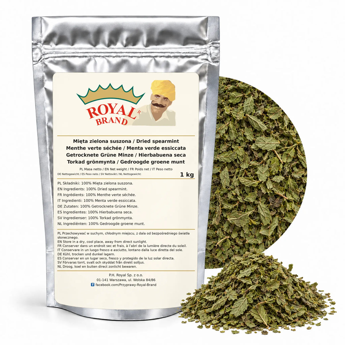 Mięta zielona 1 kg Royal Brand — srebrne opakowanie, etykieta w 8 językach
