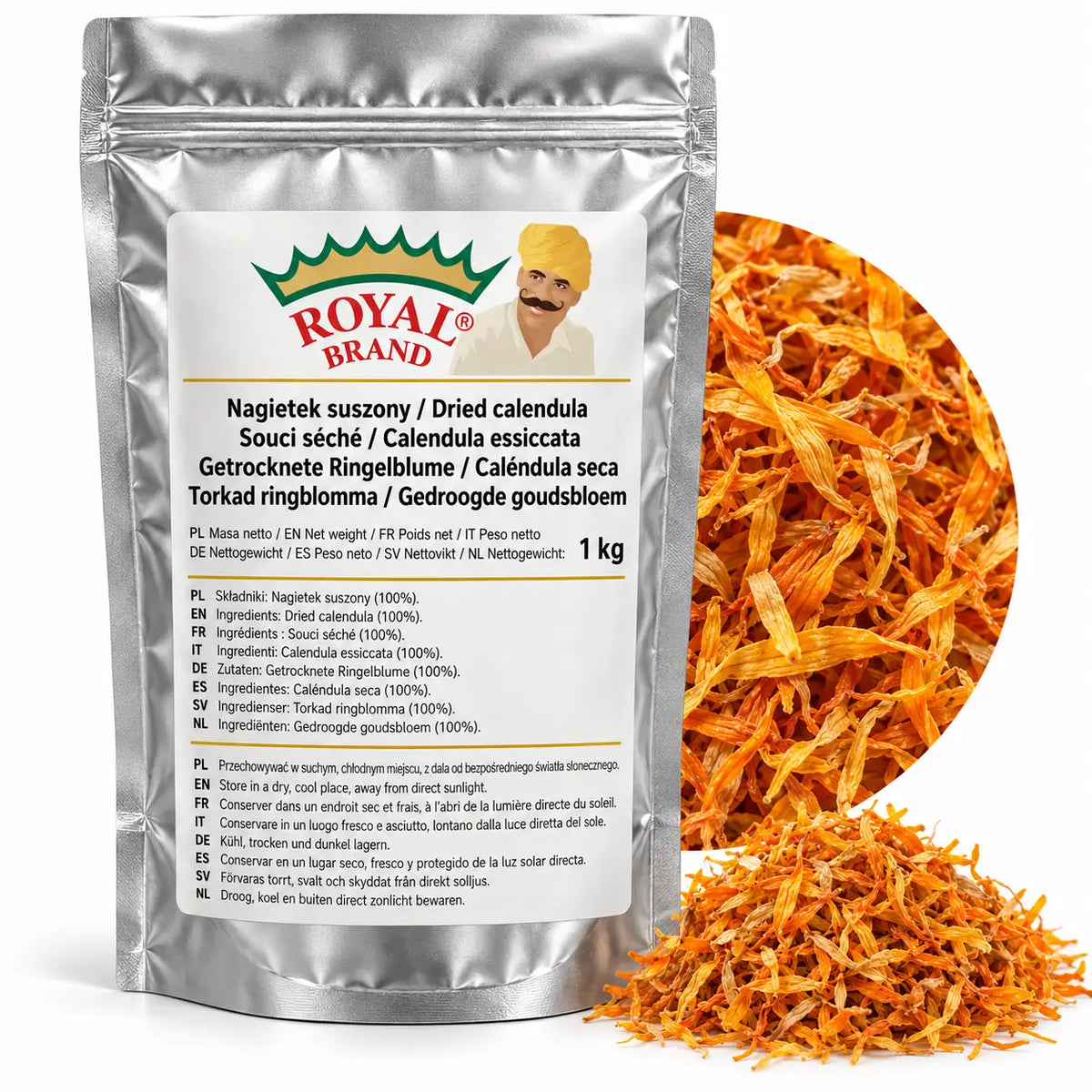 Projekt opakowania: Nagietek suszony 1 kg Royal Brand. Logo marki do weryfikacji.