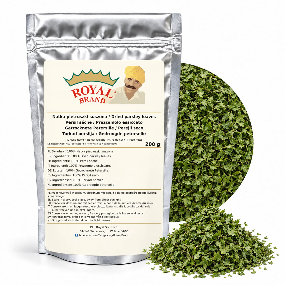 Natka pietruszki 200 g Royal Brand — srebrne opakowanie, etykieta w 8 językach