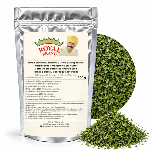 Natka pietruszki 200 g Royal Brand — srebrne opakowanie, etykieta w 8 językach