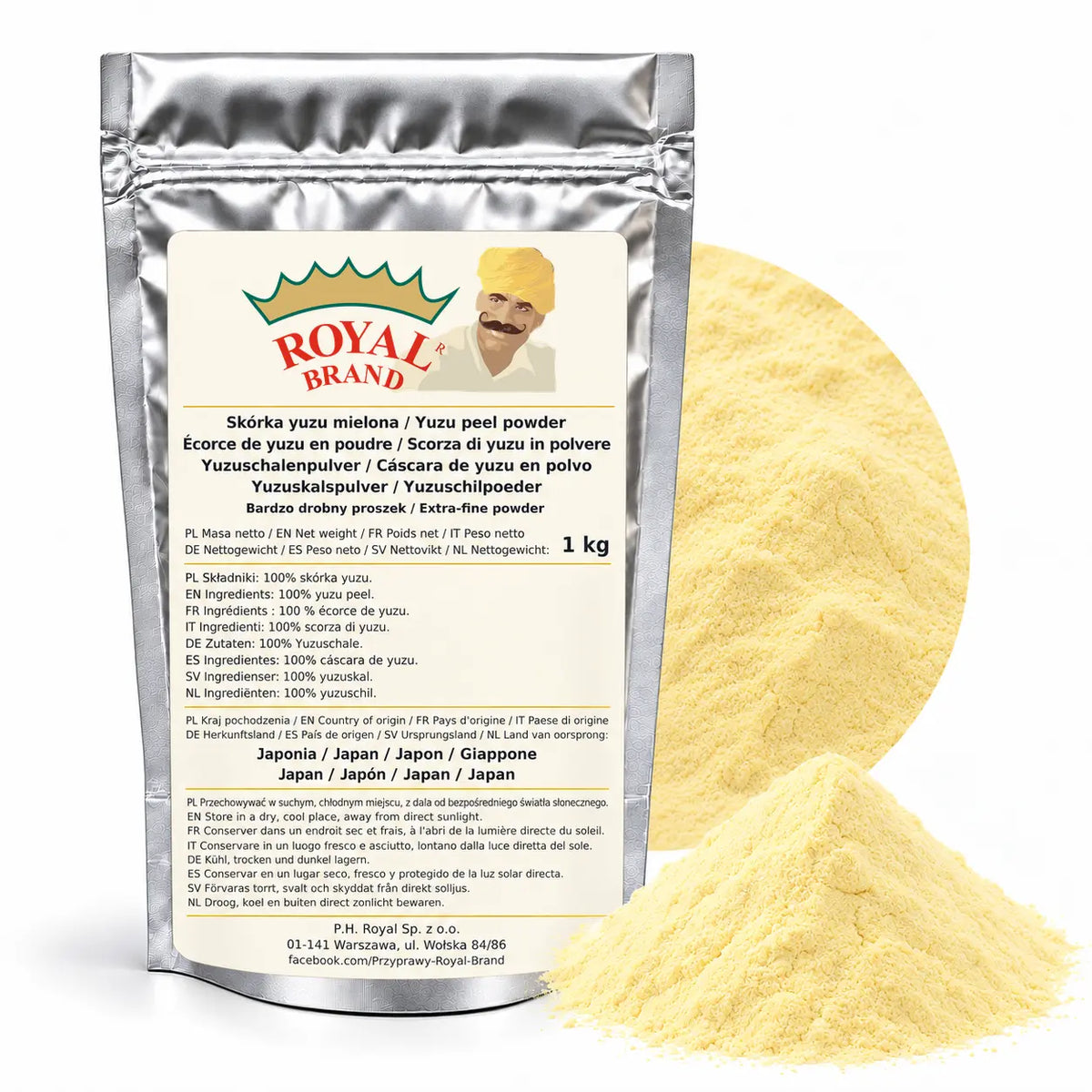 Naturalna skórka yuzu mielona 1 kg Japonia Royal Brand — srebrne opakowanie, bardzo drobny proszek