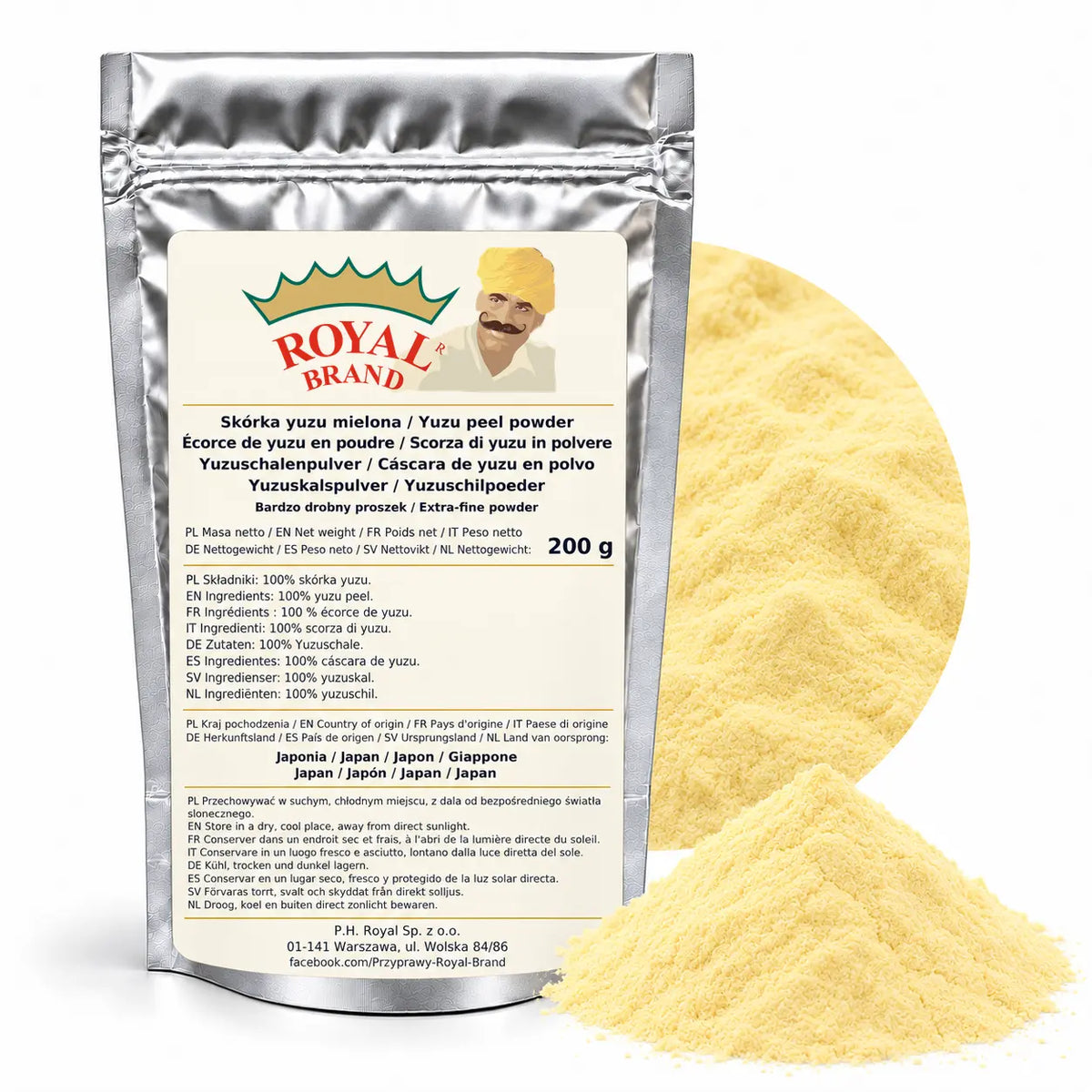 Naturalna skórka yuzu mielona 200 g Japonia Royal Brand — srebrne opakowanie, bardzo drobny proszek