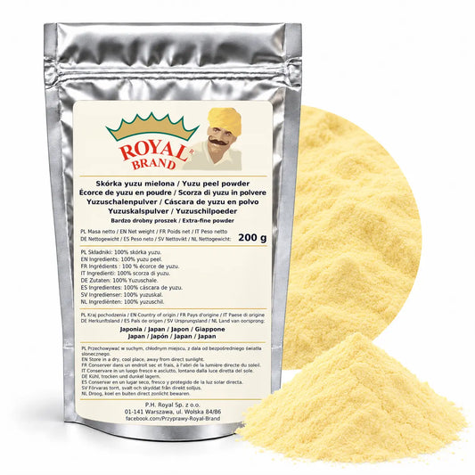 Naturalna skórka yuzu mielona 200 g Japonia Royal Brand — srebrne opakowanie, bardzo drobny proszek