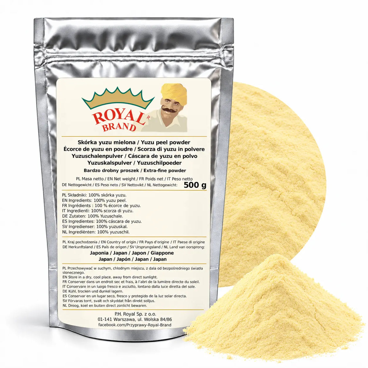 Naturalna skórka yuzu mielona 500 g Japonia Royal Brand — srebrne opakowanie, bardzo drobny proszek