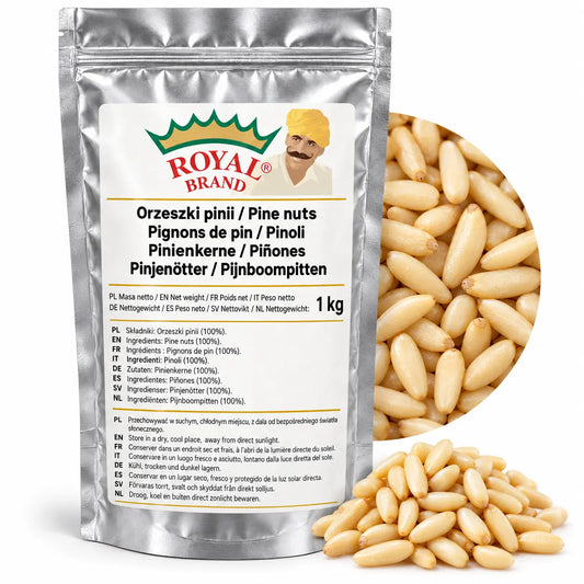 Projekt opakowania: Orzeszki pinii 1 kg Royal Brand; logo Royal Brand do weryfikacji.