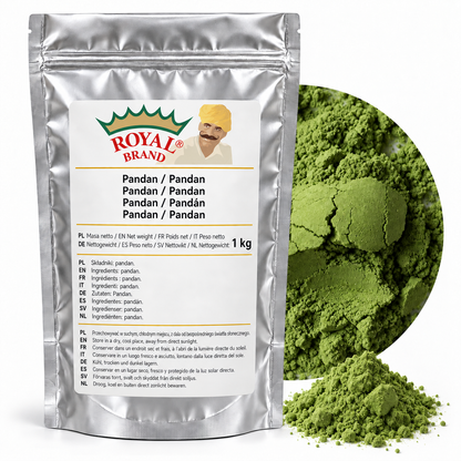 Pandan 1 kg Royal Brand – srebrne opakowanie, kółko i kupka produktu: zielony proszek pandanu. Projekt zdjęcia.