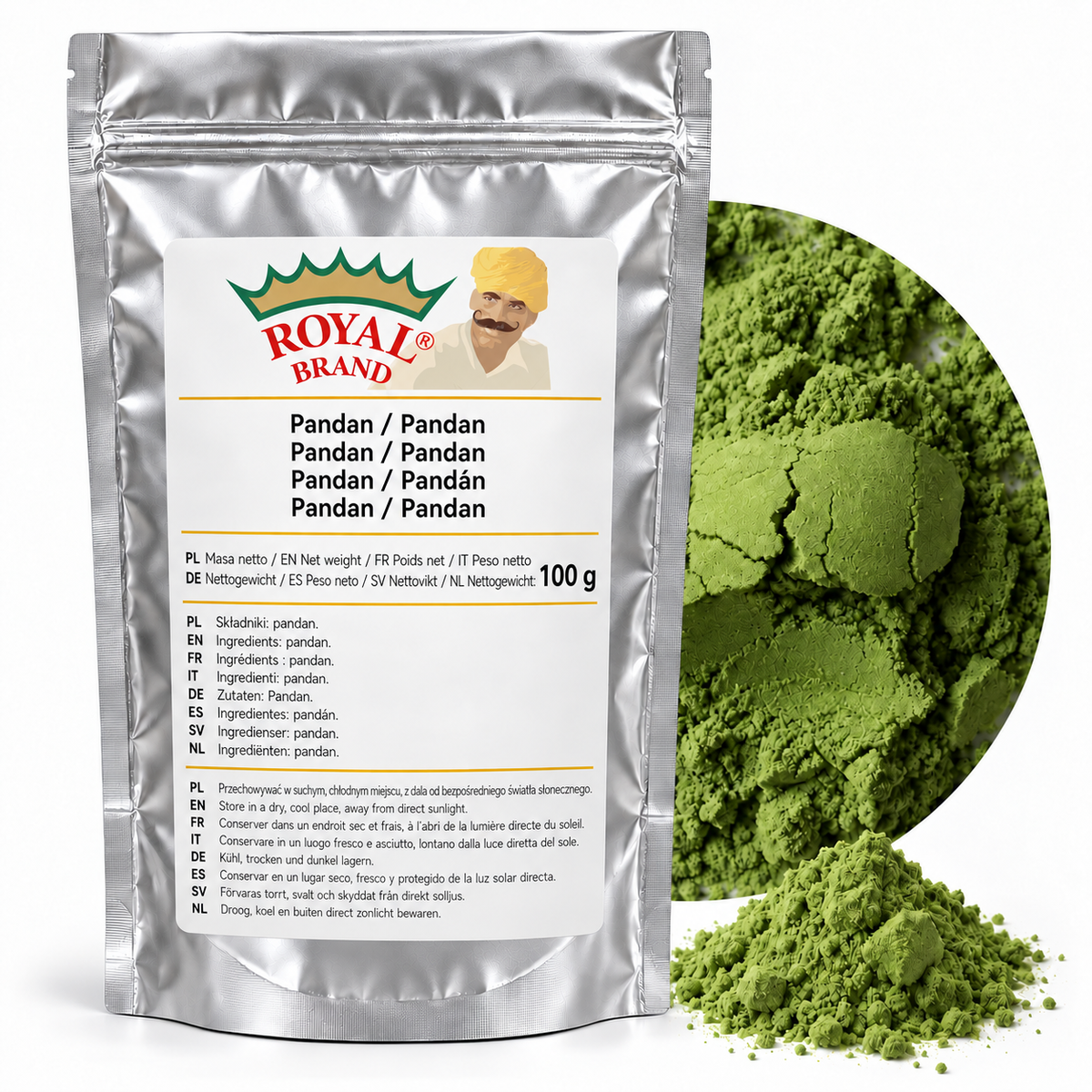 Pandan 100 g Royal Brand – srebrny doypack z etykietą w ośmiu językach