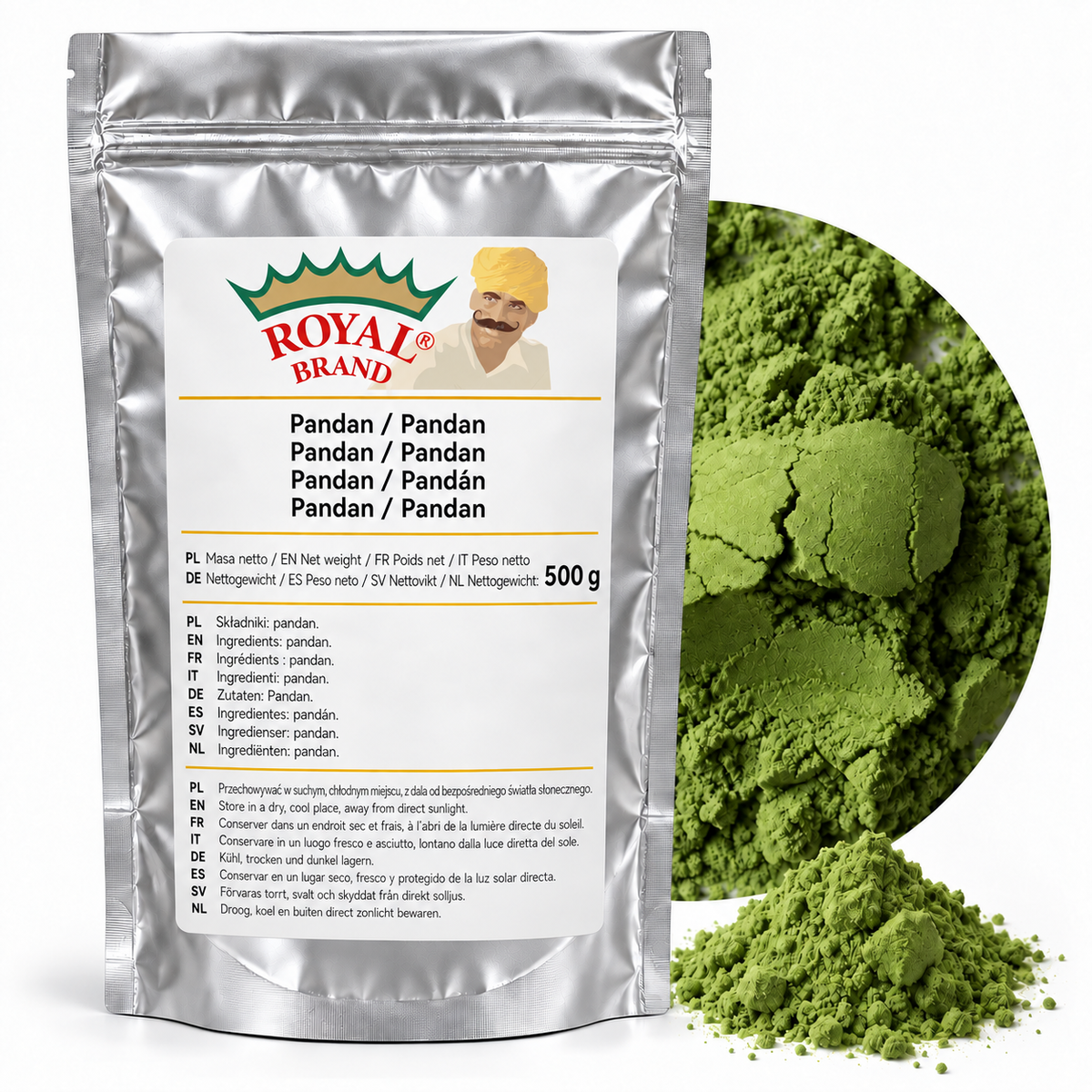 Pandan 500 g Royal Brand – srebrny doypack z etykietą w ośmiu językach