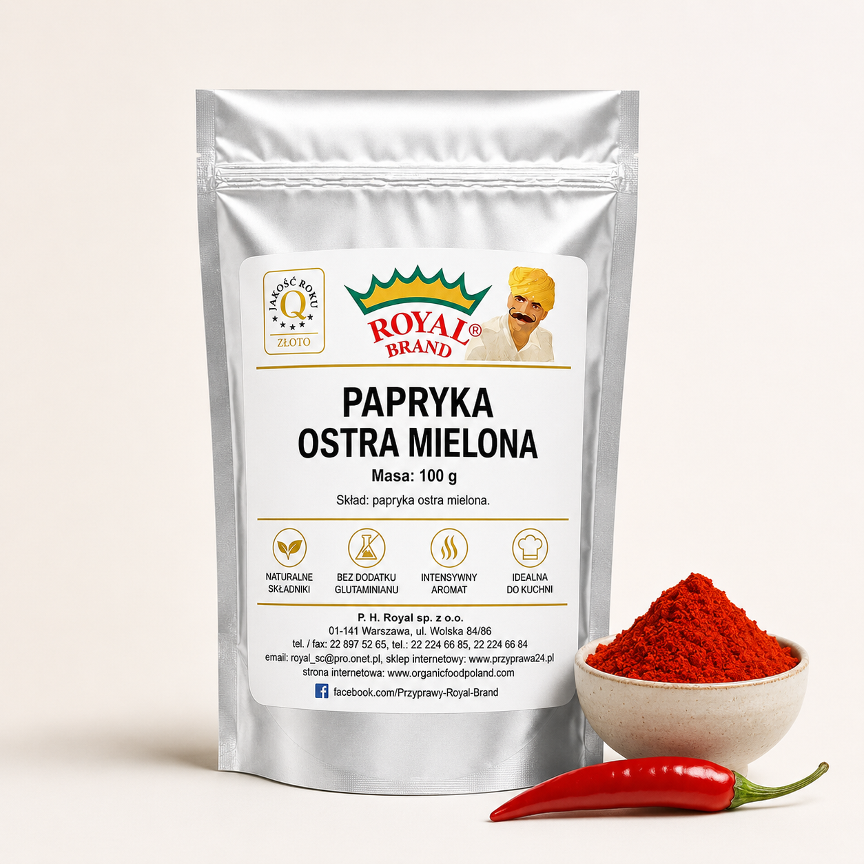 Papryka ostra mielona 100 g Royal Brand – opakowanie i przyprawa