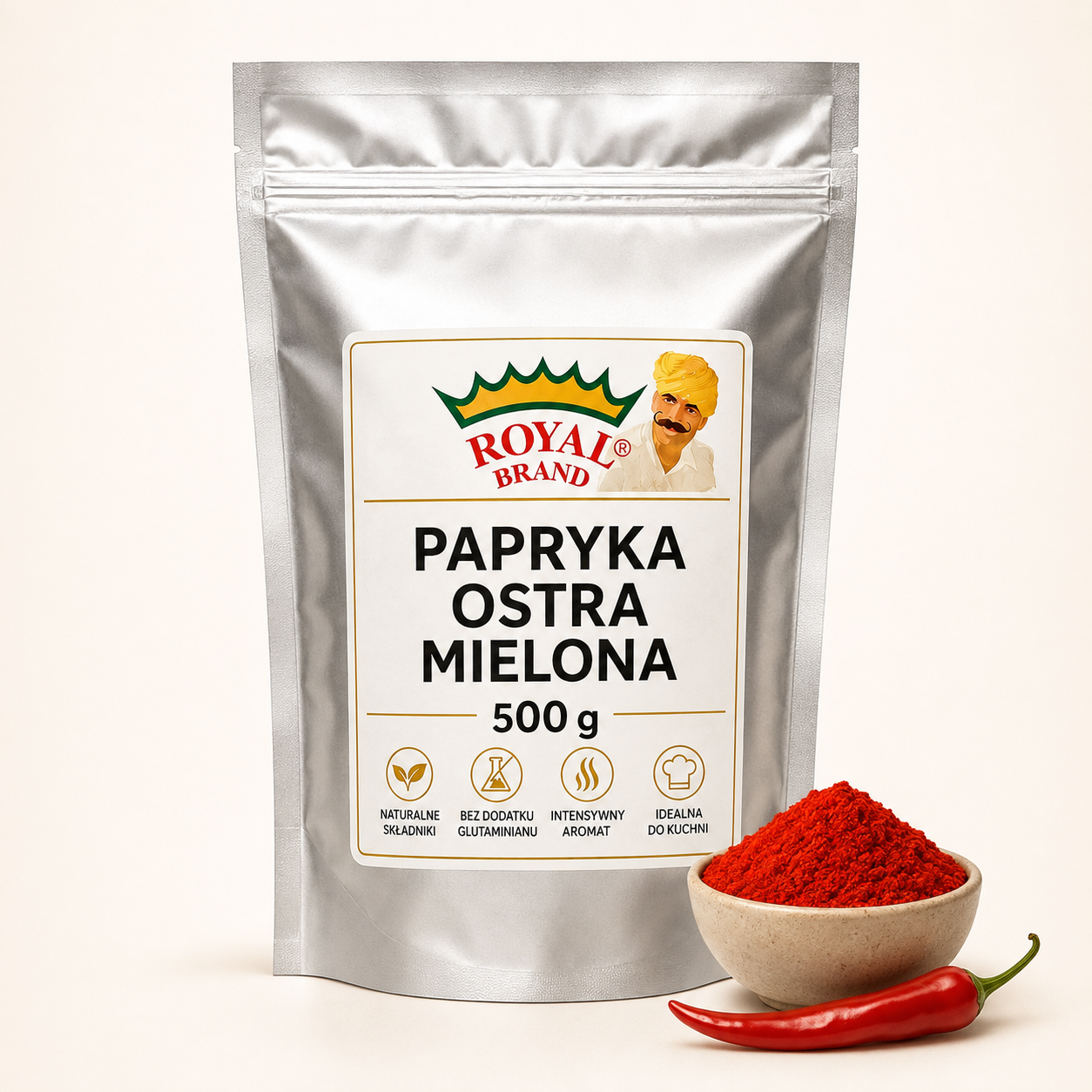 Papryka ostra mielona 500 g Royal Brand – opakowanie i przyprawa