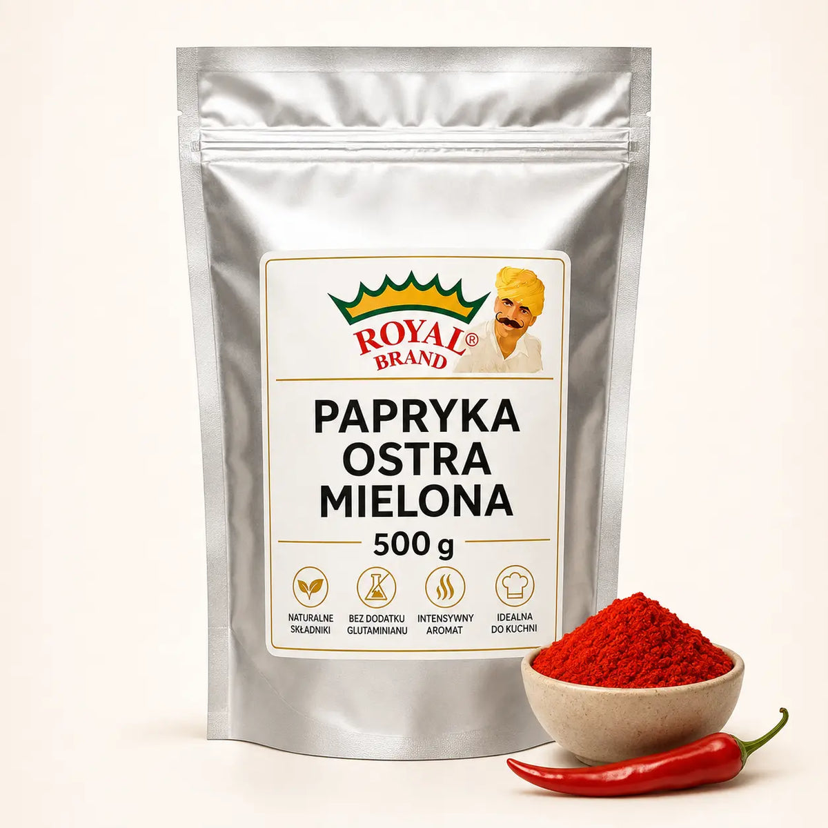 Papryka ostra mielona 500 g Royal Brand – opakowanie i przyprawa