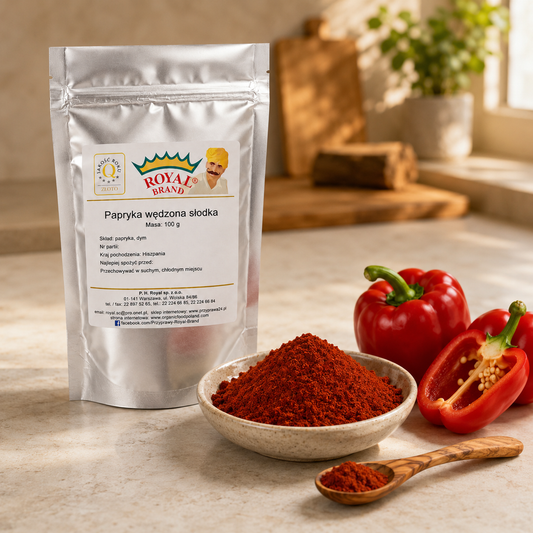 Papryka wędzona słodka Royal Brand 100 g z czerwoną papryką i przyprawą w miseczce