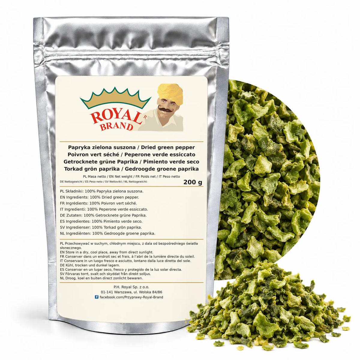 Papryka zielona suszona 200 g Royal Brand — srebrne opakowanie, etykieta w 8 językach