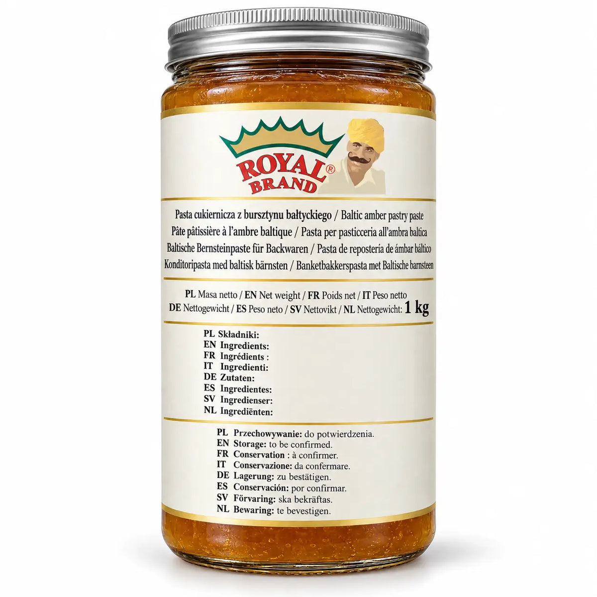 Pasta cukiernicza z bursztynu bałtyckiego 1 kg Royal Brand – projekt opakowania w szklanym słoiku