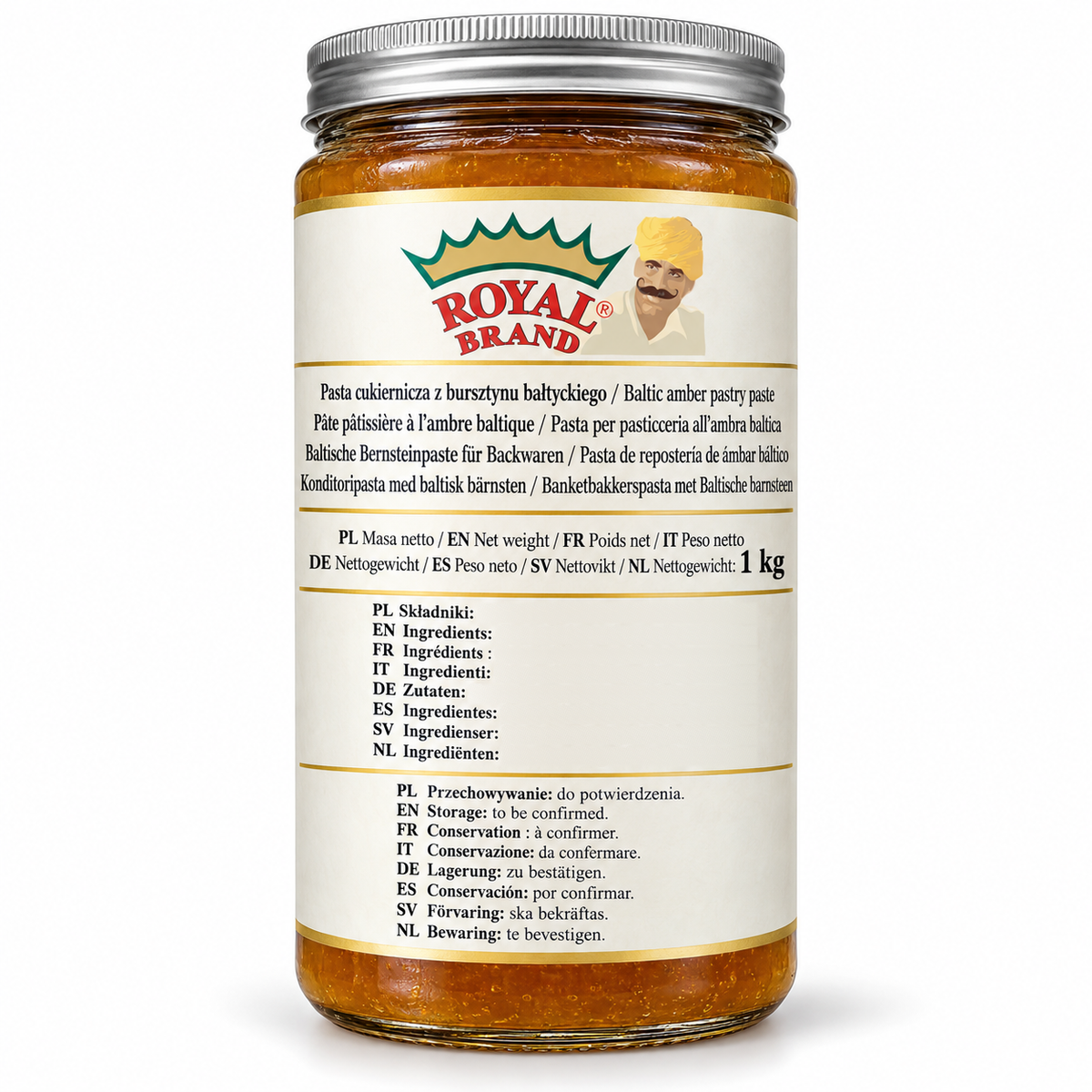 Pasta cukiernicza z bursztynu bałtyckiego 1 kg Royal Brand – projekt opakowania w szklanym słoiku
