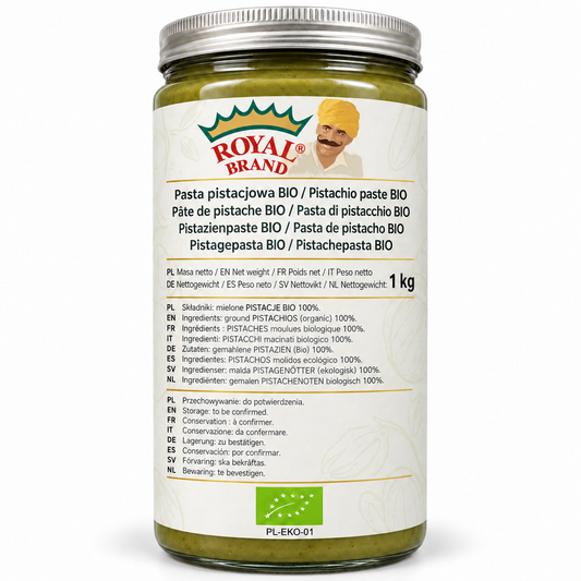 Pasta pistacjowa BIO 1 kg Royal Brand – projekt opakowania w szklanym słoiku; zielony euroliść BIO i PL-EKO-01