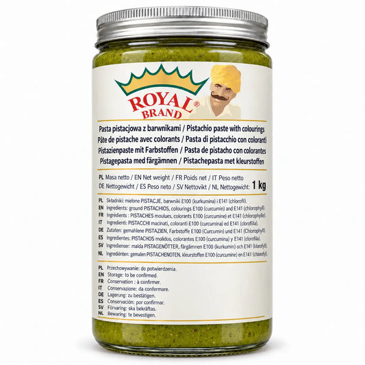 Pasta pistacjowa z barwnikami 1 kg Royal Brand – projekt opakowania w szklanym słoiku