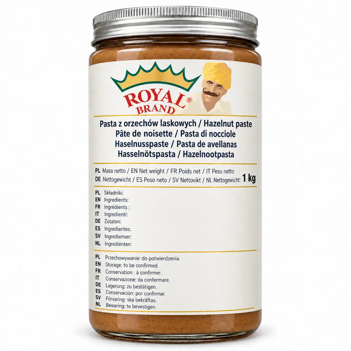 Pasta z orzechów laskowych 1 kg Royal Brand – projekt opakowania w szklanym słoiku